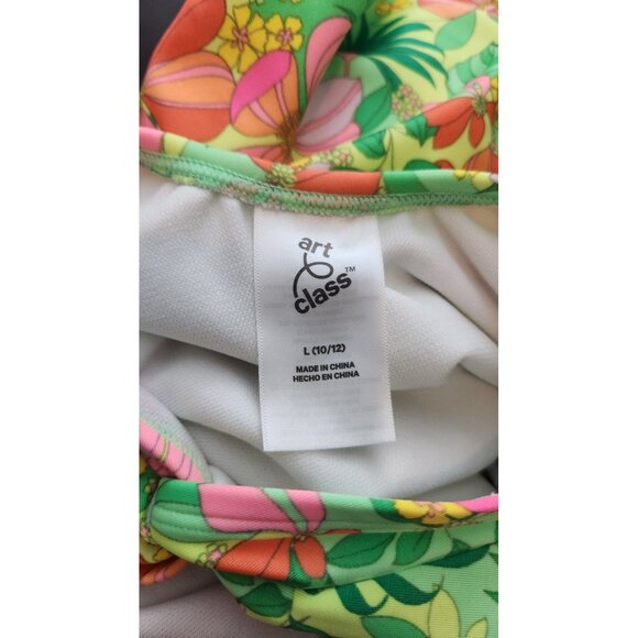 Art Class Swimsuit Girls Large 10/12 Green Floral Long Sleeve Cutout Back UPF50 - Picture 6 of 6
